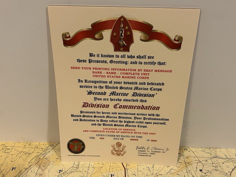 U.S.M.C. / 2ND MARINE DIVISION ~ DIVISION COMMENDATION REPLACEMENT CERTIFICATE