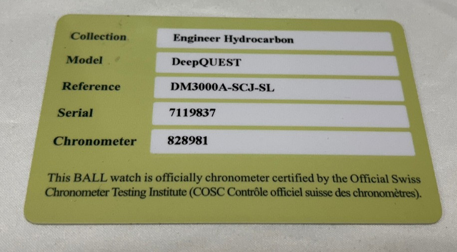Ball Chronometer Certificate DeepQUEST