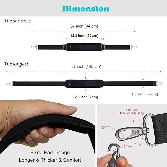 ZINZ Bag Shoulder Strap, Padded Adjustable Strap 57, Black