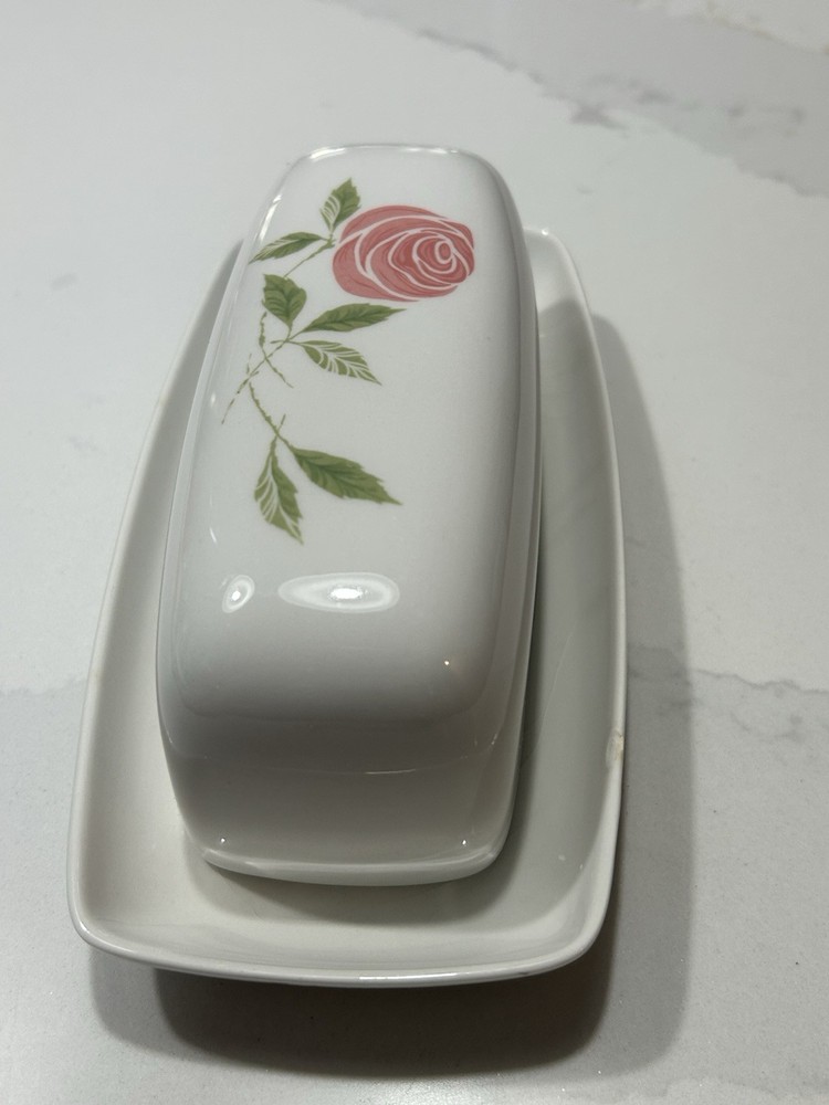 Franciscian Stoneware Covered Butter Dish Floral Pattern White Pink Green