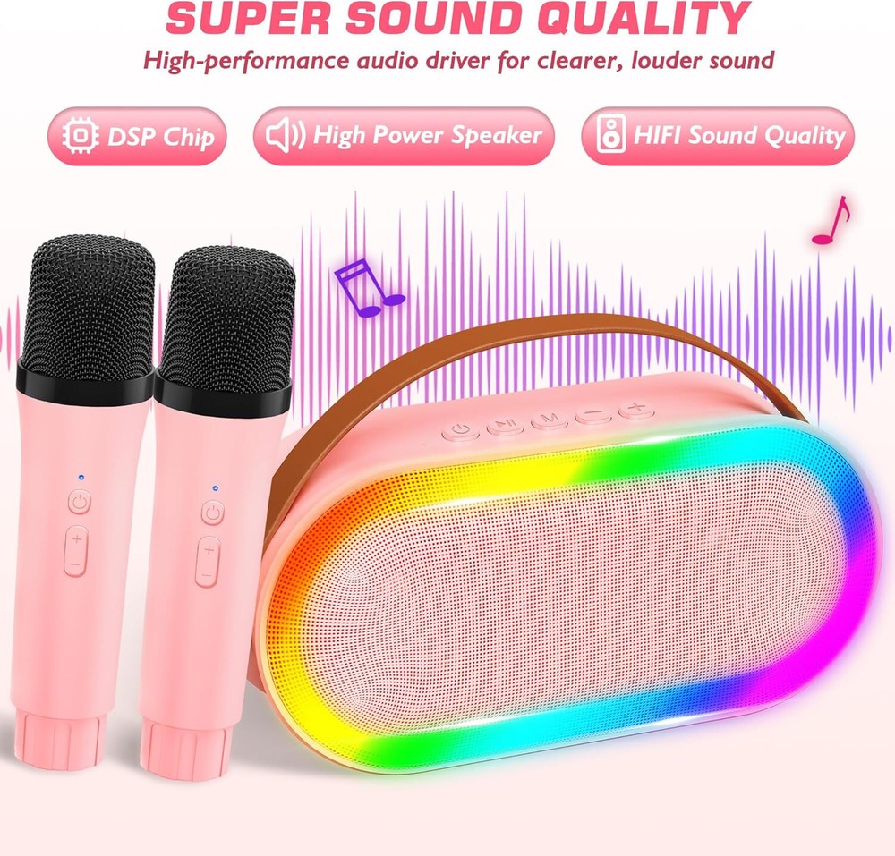 Mini Karaoke Machine - Bluetooth Portable Karaoke Speaker with 2 Wireless Mics