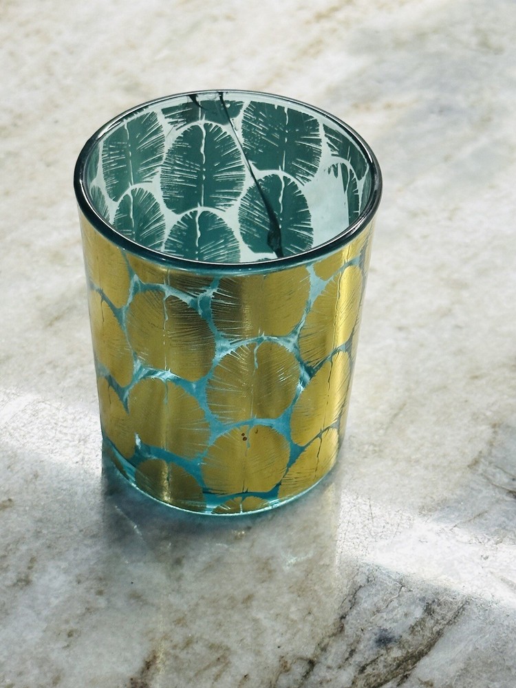 Candle Holder - Tea Light Blue & Golden Leaf Pattern 3.76 Inches Tall