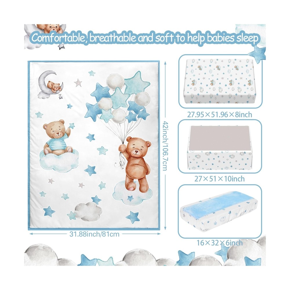 Mixweer 5 Pcs Crib Bedding Set for Toddlers Include Cloud Balloon Bear Theme ...