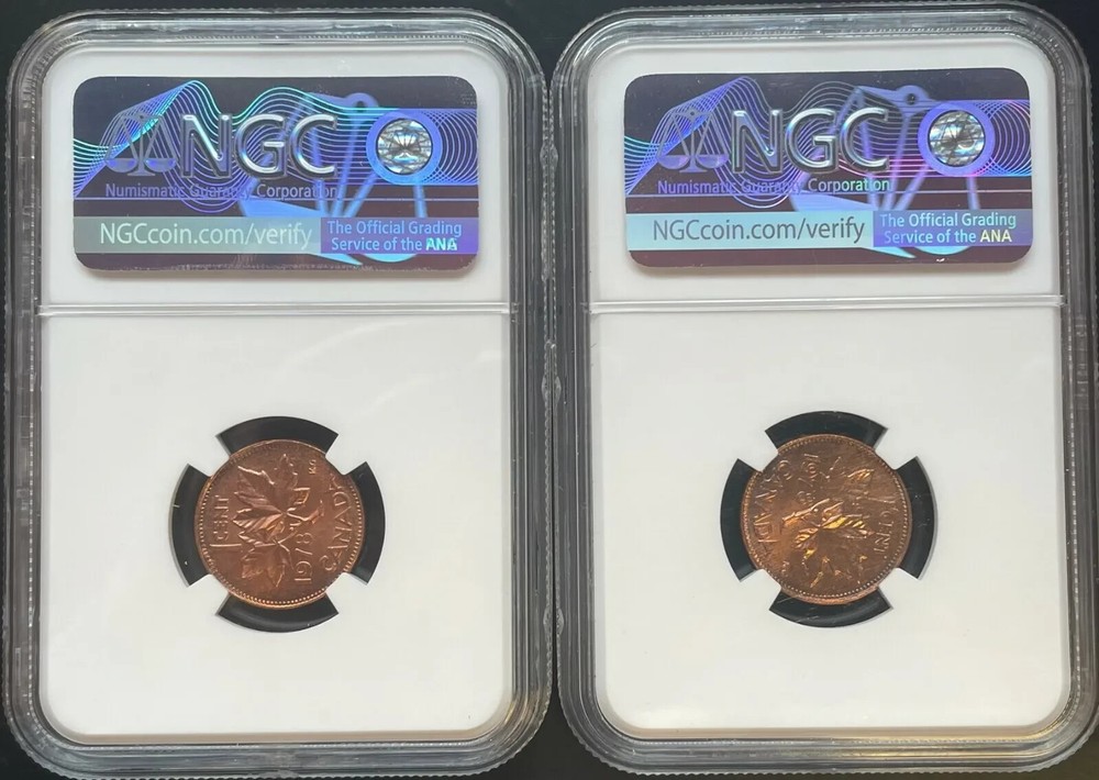 Error - 1978 Canada 1 Cent pair matching rotated die NGC MS65 RD