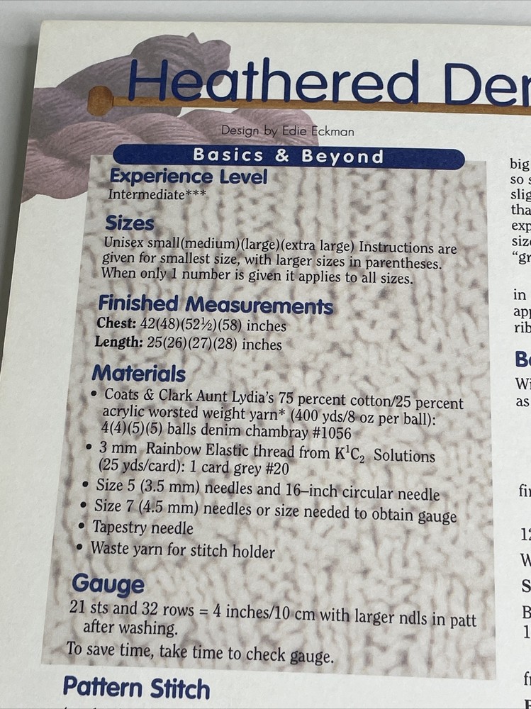 Heathered Denim Pullover Adult Size S M L XL Knitting Pattern