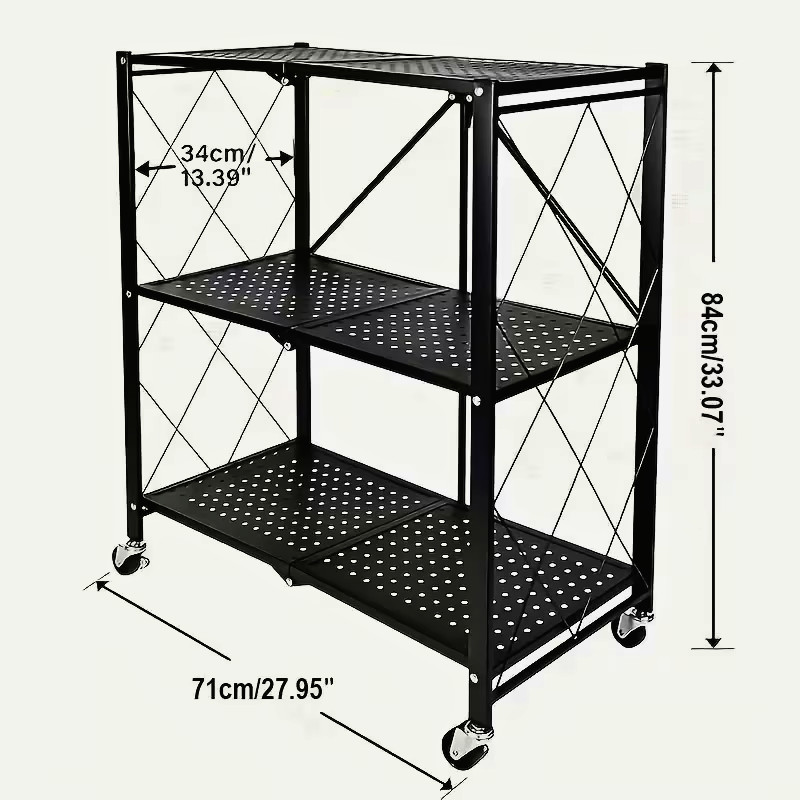3 Tier Foldable Rolling Storage Cart Metal Organizer with Wheels Utility Shelf