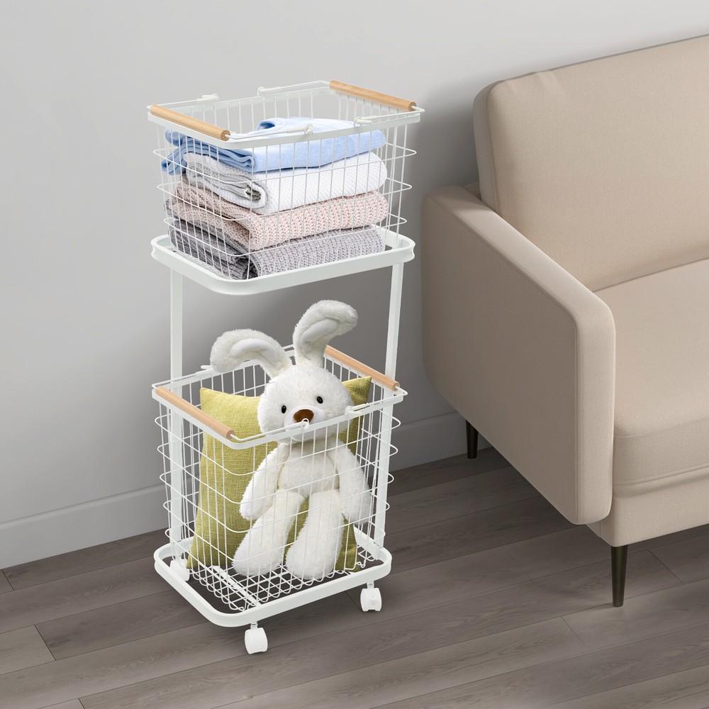 2 Tier White Laundry Basket With Wheels Metal Rectangular Laundry Basket