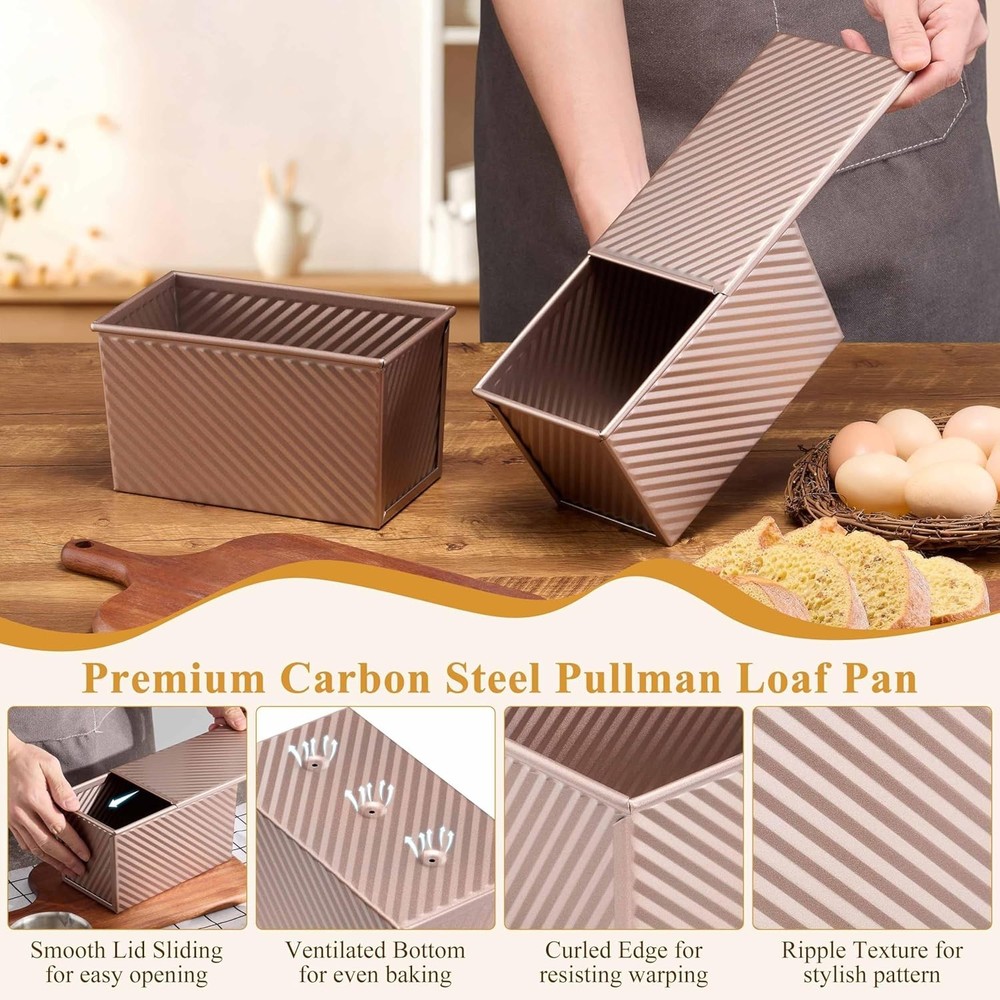 Pullman Loaf Pan with Lid, 2 Pack 1 Pound Bread Loaf Baking Pan, Nonstick Hom...