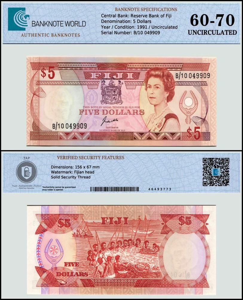 Fiji 5 Dollars, 1991 ND, P-91a, UNC, Authenticated Banknote