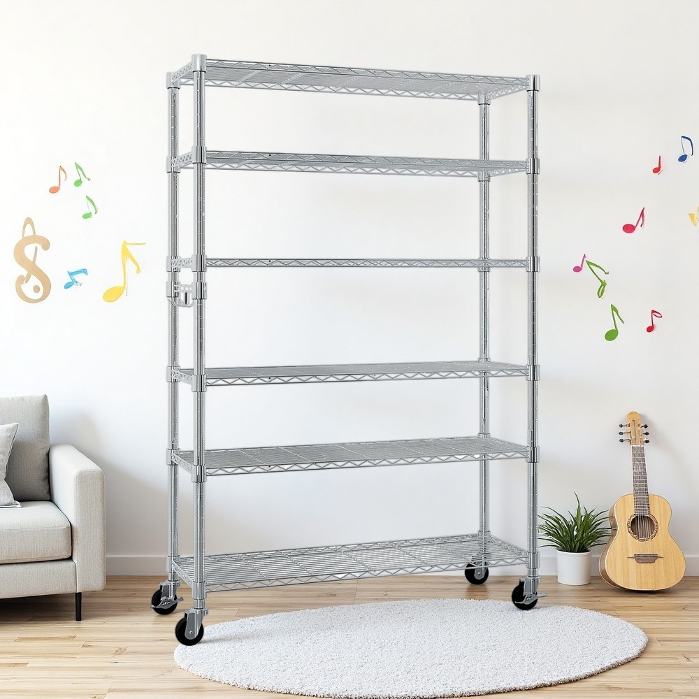 6-Tier Rolling Wire Shelving Unit - Heavy Duty, Adjustable, Hooks & Silver