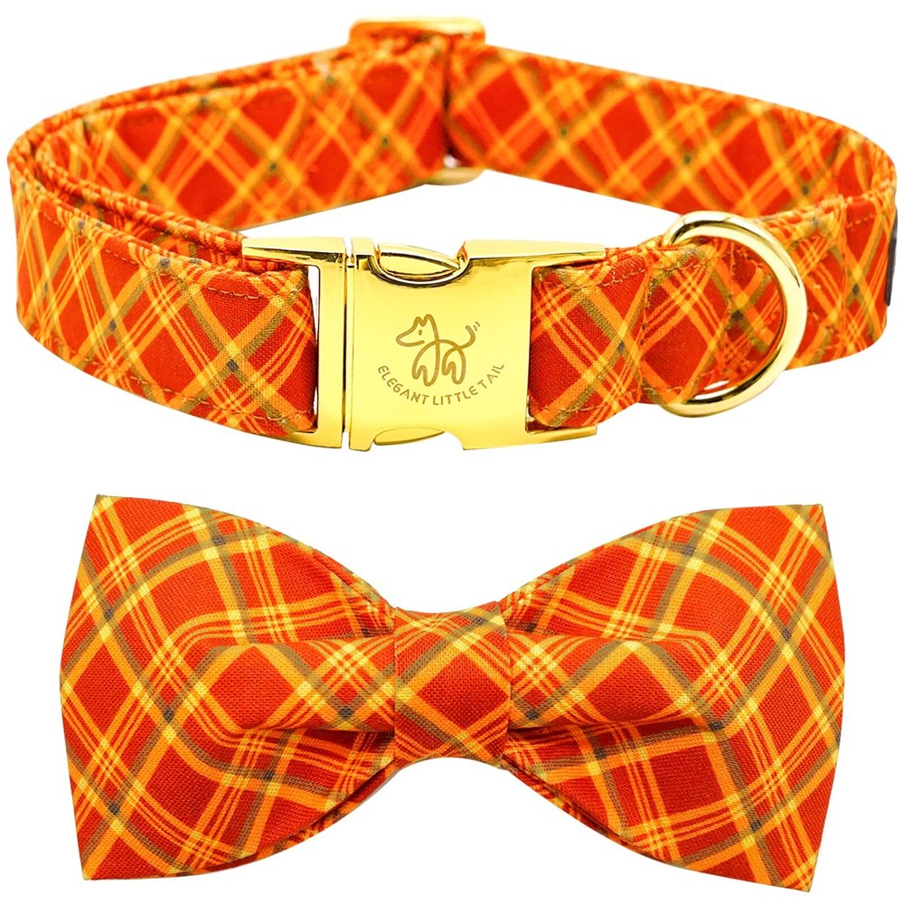 Dog Collar - Fall Plaid Holiday Pet Collar with Adjustable Bow for Medium Dogs