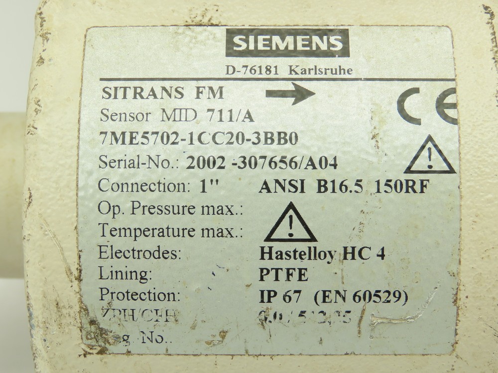 Siemens SITRANS FM MID 711/A Flowmeter Sensor 1" Flanged 150# PTFE Lined