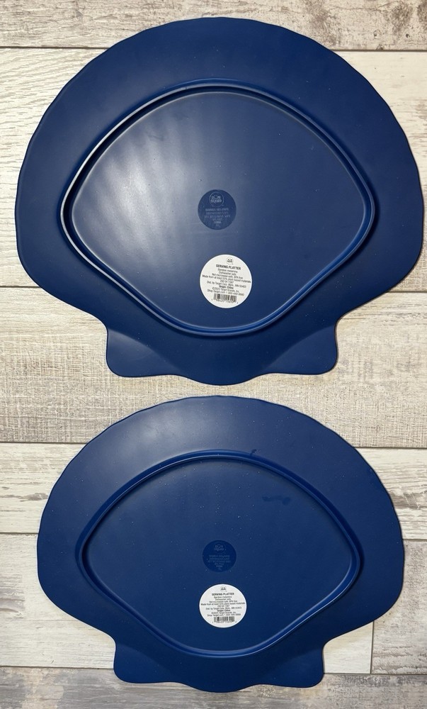 Sun Squad Set Of 2 Melamine Blue Serving Platters Seashell Shape