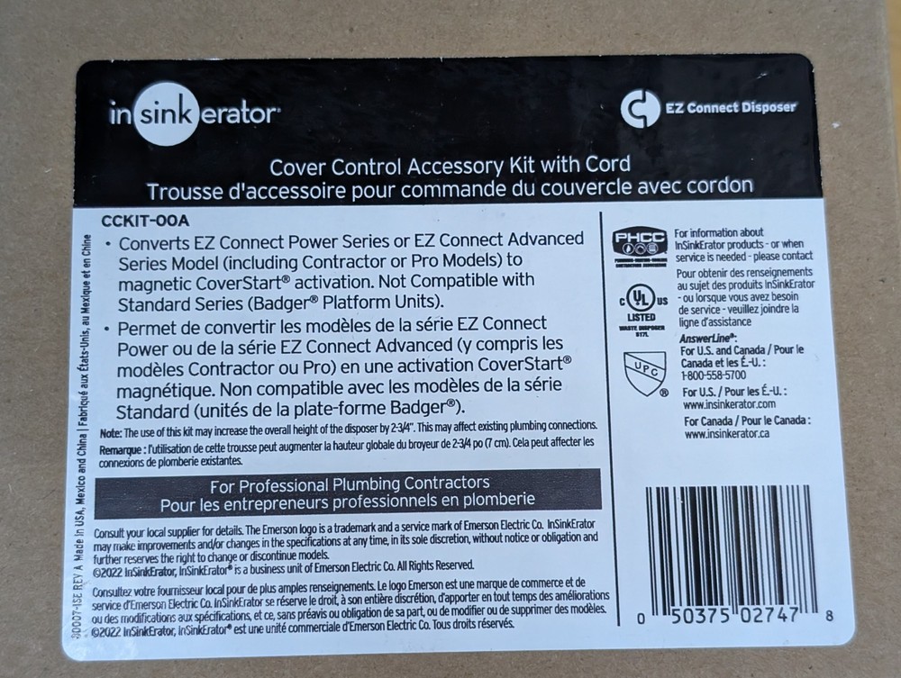 CCKIT-00A Insinkerator Cover Control Accessory Kit with Cord New OEM