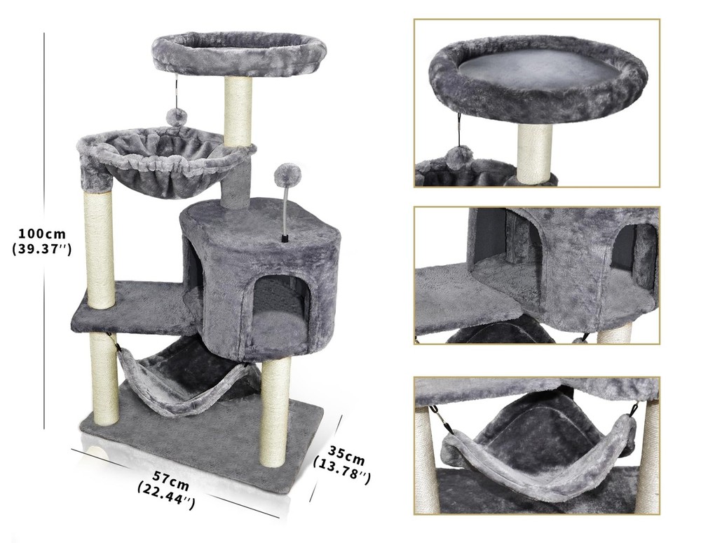 Cat Tree with Cat Condo and Big Hammock, Grey
