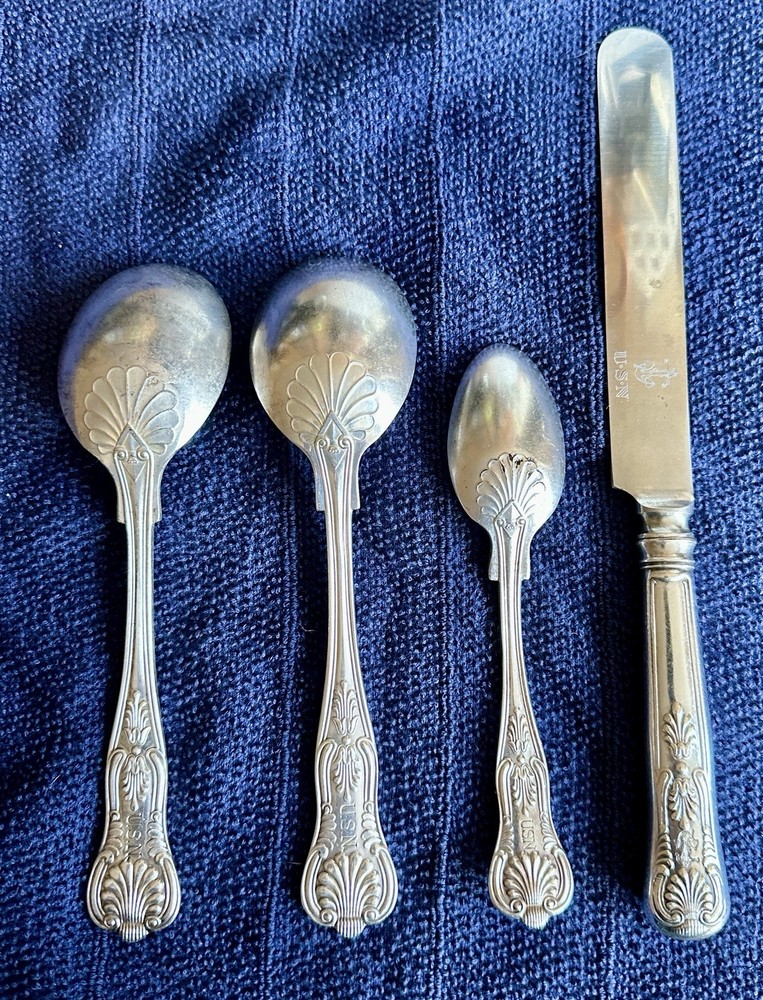 VTG Silver Plate Kings Pattern US Navy Dining 2 Serving Spoons Knife Teaspoon