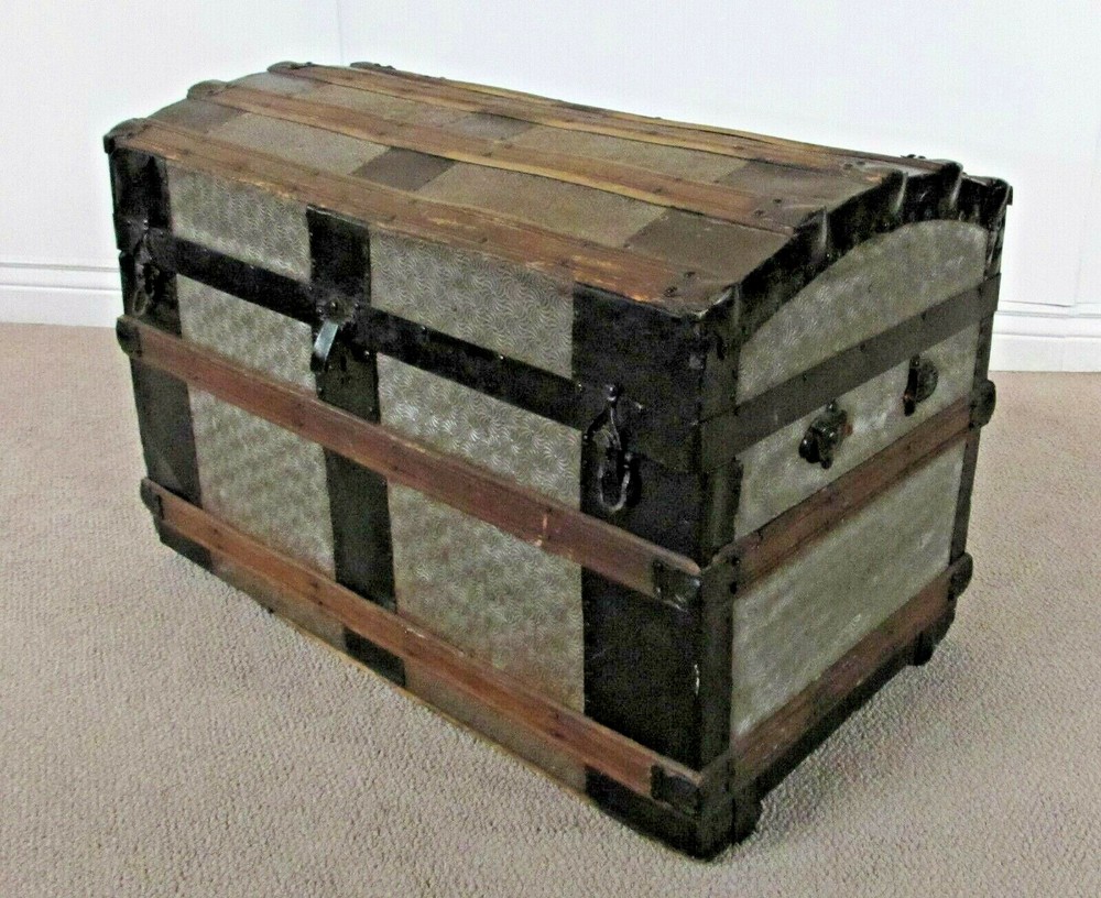 ANTIQUE DOME TOP STEAMER TRUNK, CHEST, EMBOSSED TIN