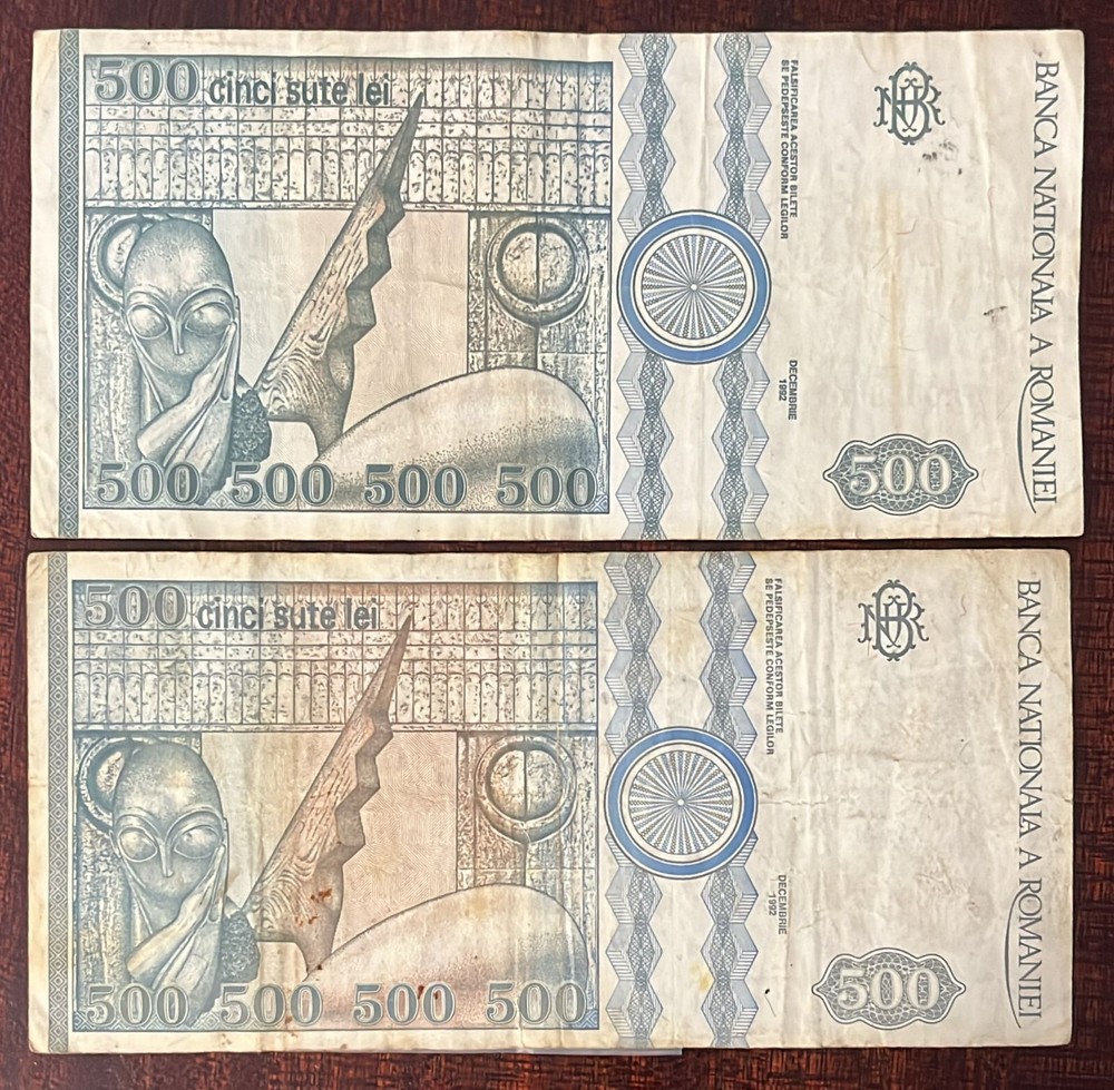 Romania Ref V438 : 2 x 500 Lei Banknotes
