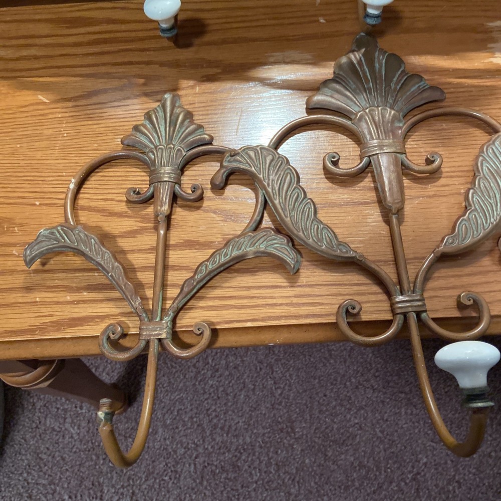 2 Antique Vintage Copper Coat Rack Hook Ornate White Knobs