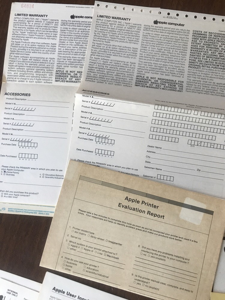 LOT Vintage Apple Computer - Forms, Manual, Reports 1980s