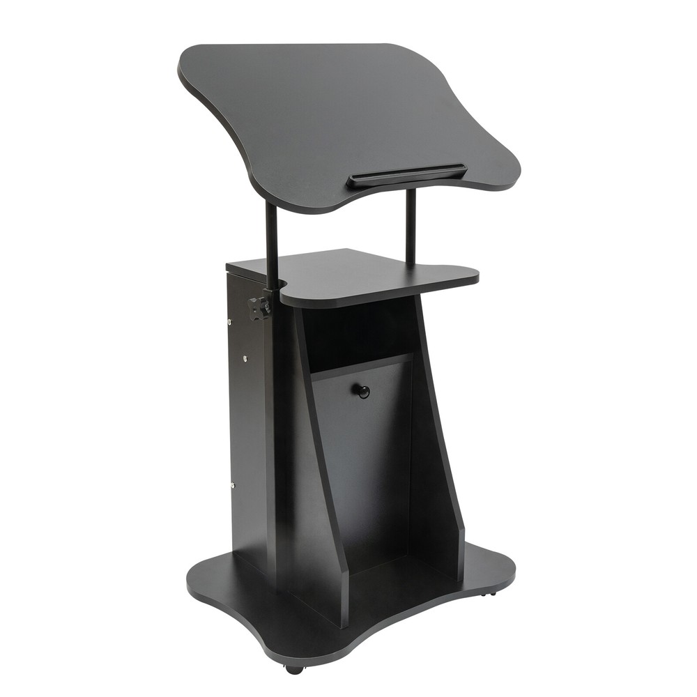 Height Adjustable Mobile Laptop Podium with Tilting Top & Storage Cabinet