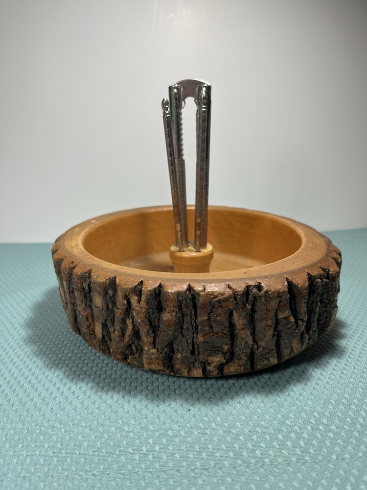 Vntg Live Edge Nut Bowl With Cracker & 4 Picks 1950's ?