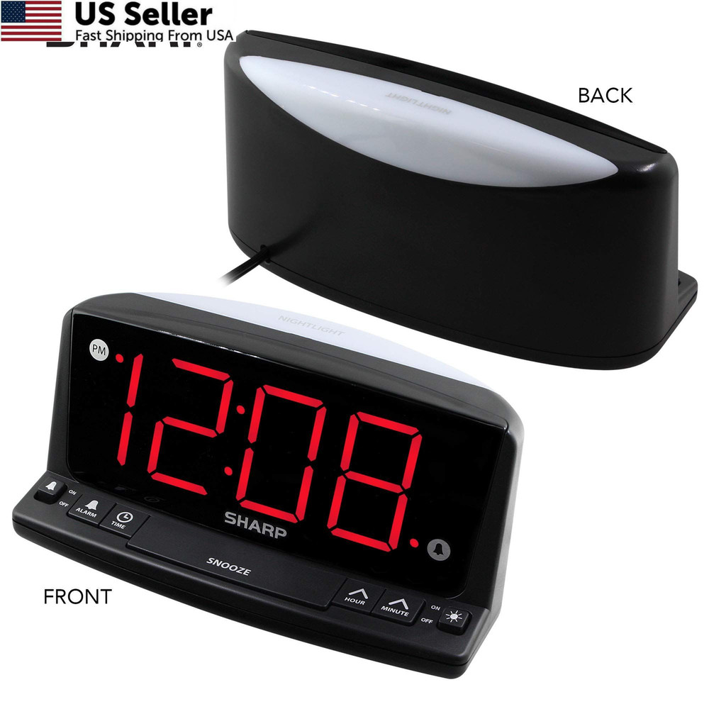 Sharp LED Digital Alarm Clock – Simple Operation - Large, Black - Red Led