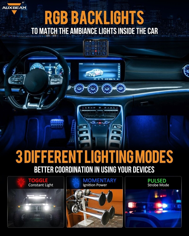 AUXBEAM RGB 12 Gang Switch Panel On-Off LED Car Switch Panel Circuit Control Box