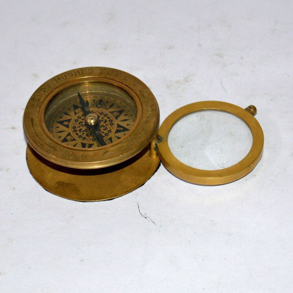 Antique brass compass nautical folding magnifying glass map reader compass