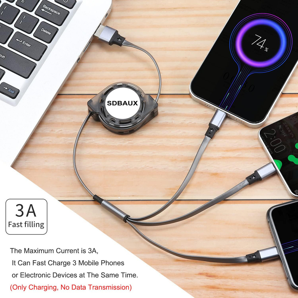2Pack Multi USB Charger Cable Retractable 3 in 1 Multiple Charging Cord Adapter