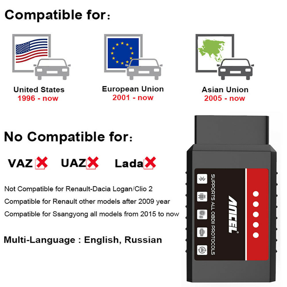Ancel ELM327 Bluetooth Code Reader OBD2 Scanner Automotive Diagnostic Scan Tool
