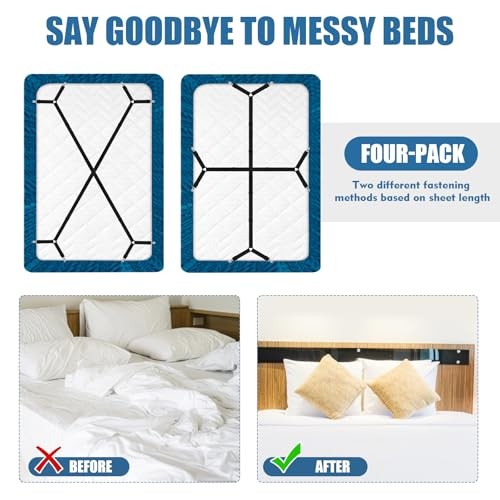 4Pcs Bed Sheet Straps with Metal Clips, Sheet Holders Adjustable Elastic, Bed
