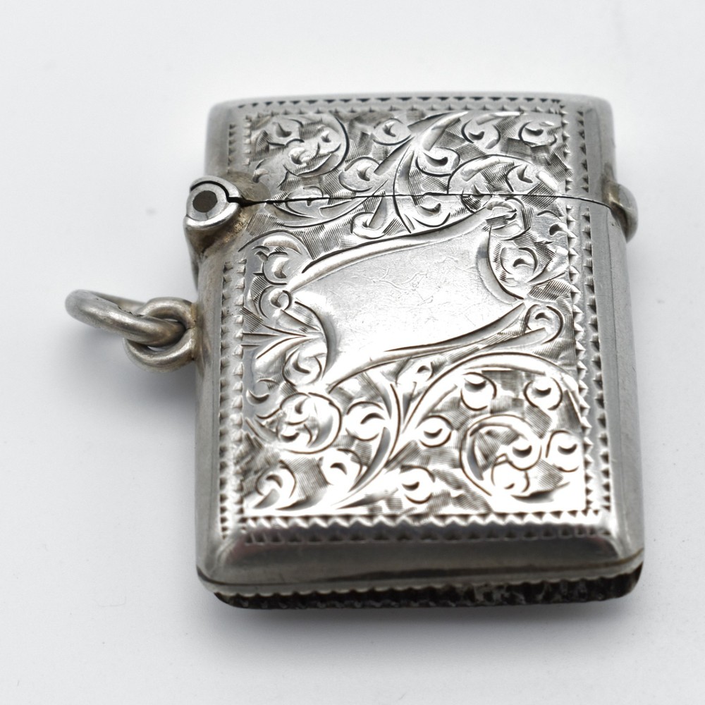 Antique Victorian Solid Sterling Silver Vesta Case Match Safe 1900 Acanthus