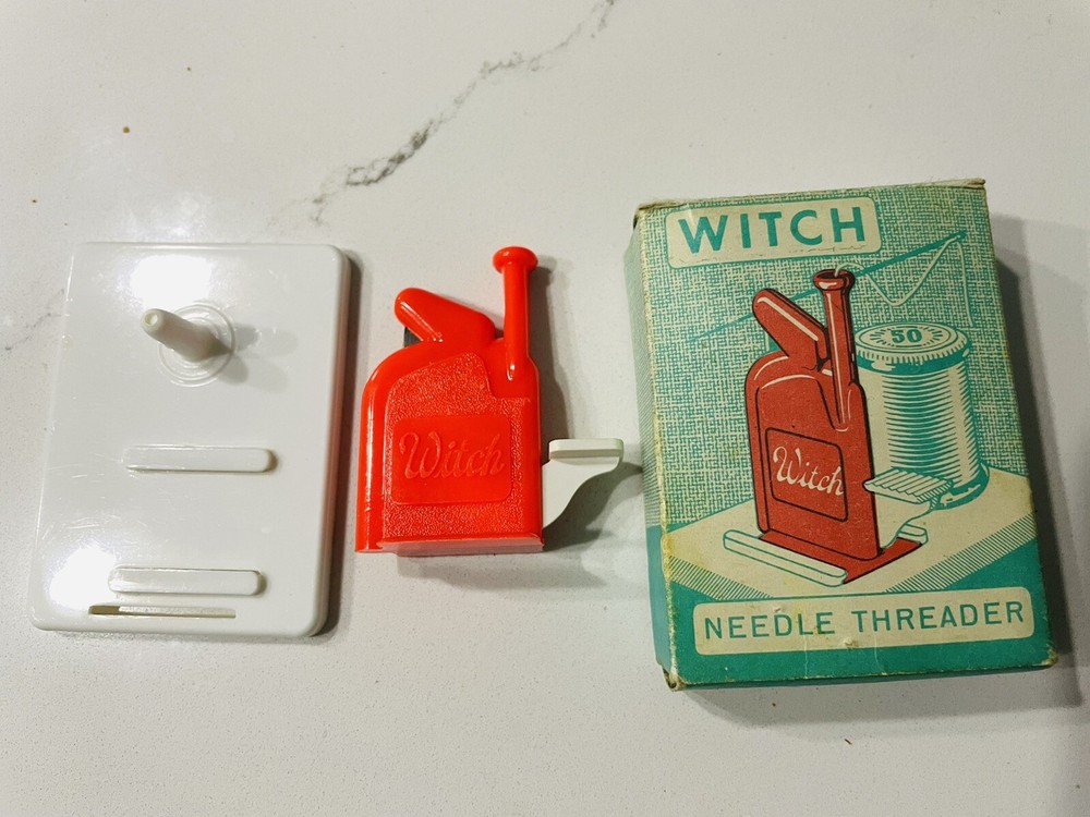 Vintage Witch Needle Threader w/ Box Neon Orange
