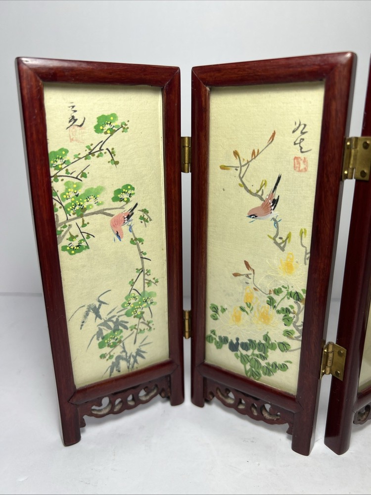 Oriental Style 4-Panel Double Sided Tabletop Folding Screen w/ Glass Panels
