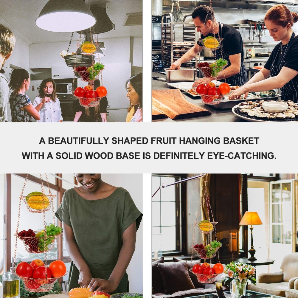 3-Tier Copper Hanging Fruit Basket Foldable Wire Storage Organizer for Kitche...