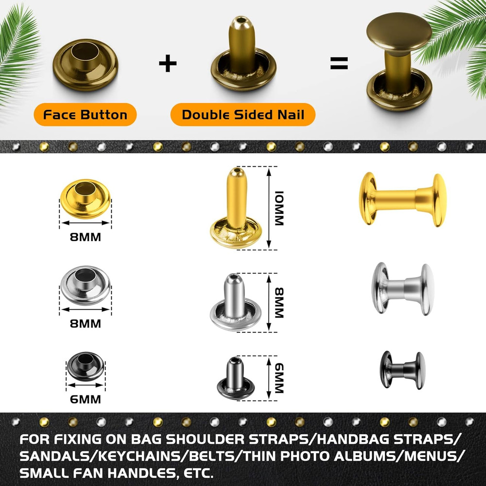 480 Pack Leather Rivets, Brass Rivets for Fabric, Leather Rivet Kit, Double Cap