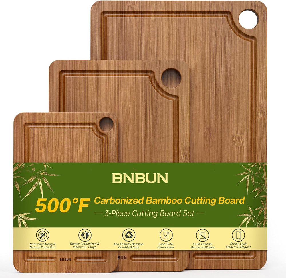 Bamboo Cutting Board for Kitchen, 3-Piece Set with Juice Grooves, Side Handles &