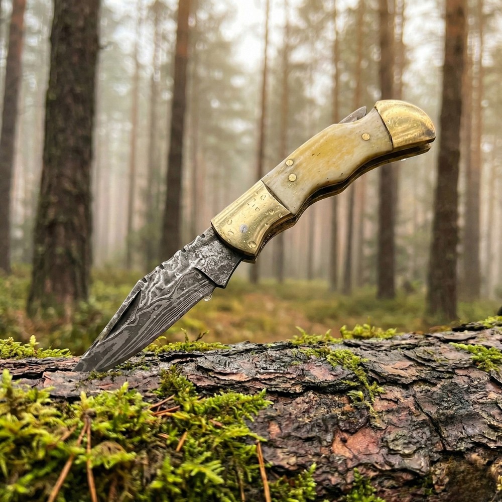 Tactical Scout Damascus Folding Knife Bone Handle Heavy Duty Survival EDC Folder