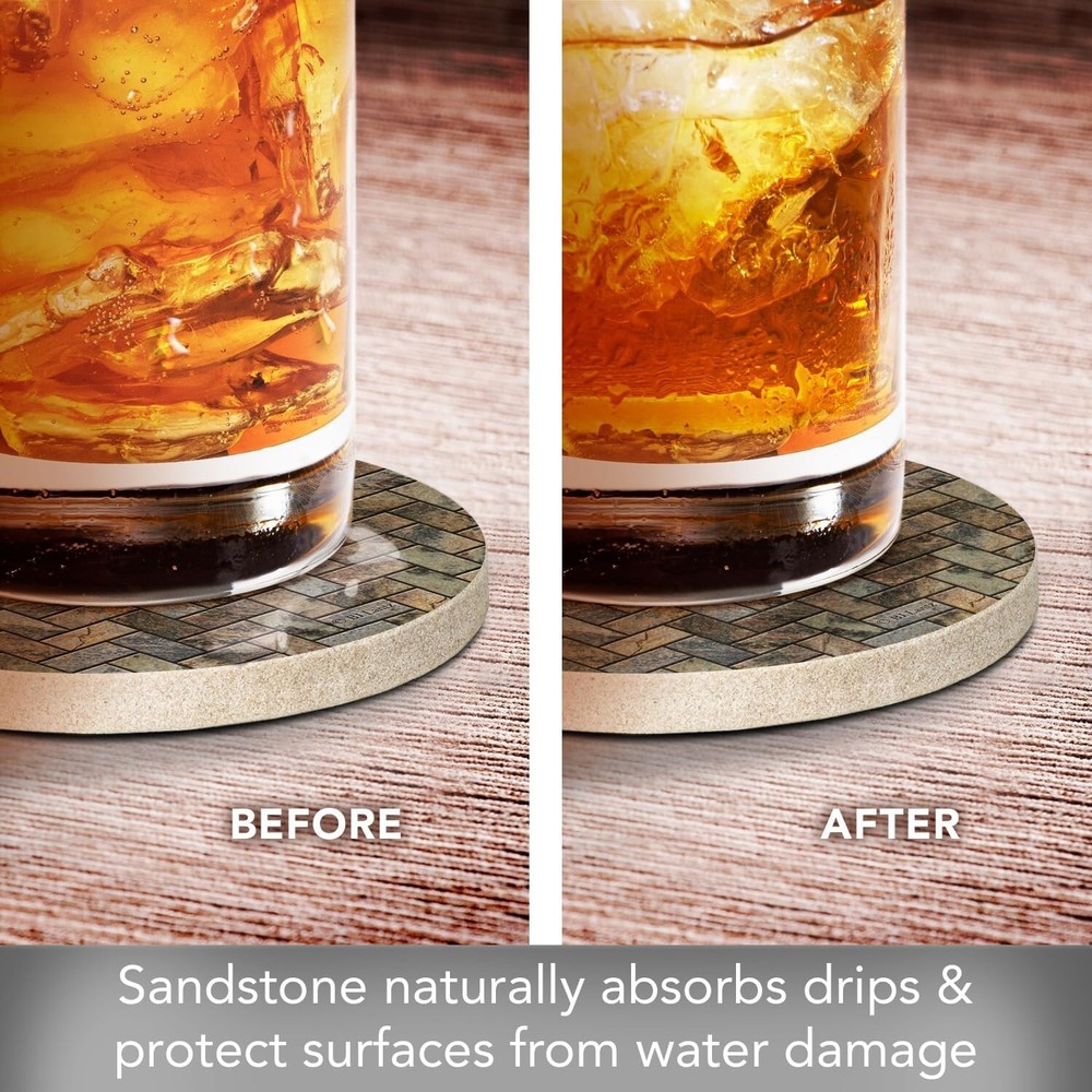 Stone Herringbone Pattern Natural Sandstone Coaster 4 Pack, Absorbent