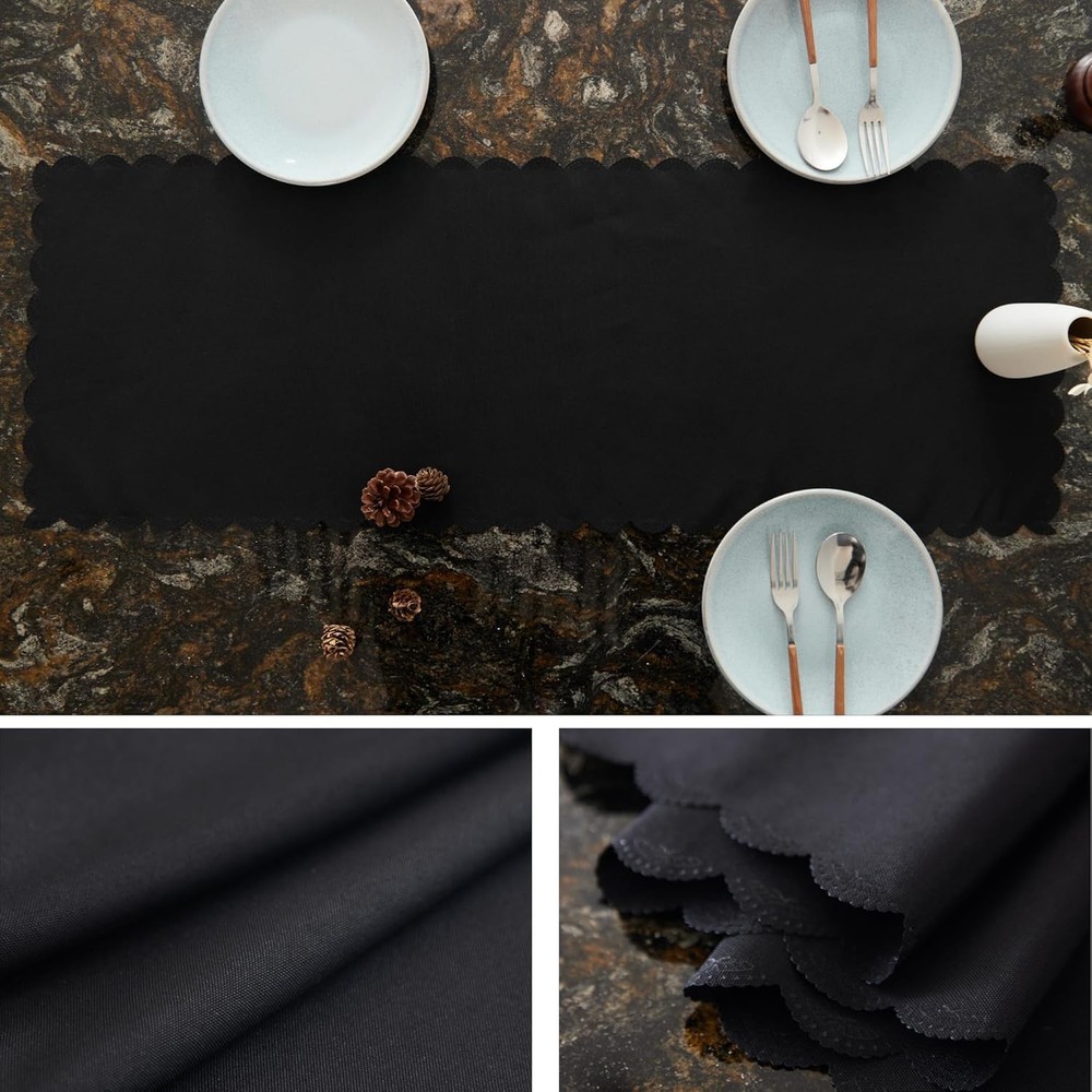 Small Solid Black Farmhouse Scalloped Table Runner Washable Polyester 13x36 Inc