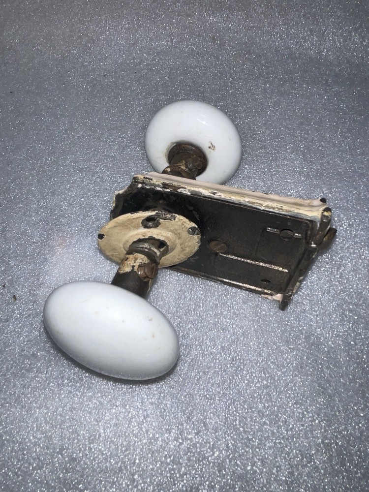 Antique RIM/SURFACE LOCK NICE WHITE DOOR KNOBS &ESCUTCHEON