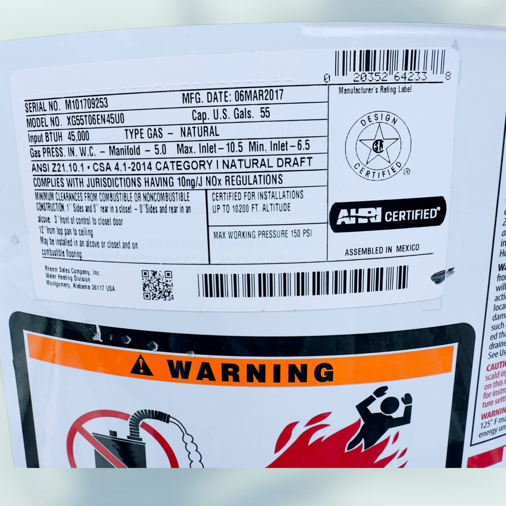 Rheem Performance Series High Demand Tank Water Heater 55 Gal. Cap SN M10170925