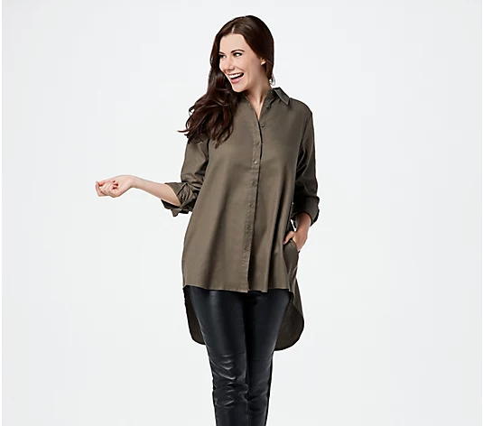 Lisa Rinna Collection Solid Button Front Hi-Low Hem Top