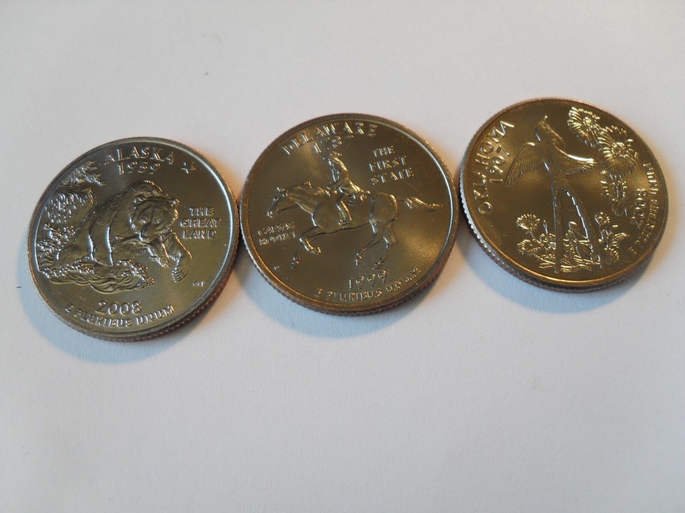 Delaware, Alaska, Oklahoma State Quarters. All three D mint Unc fr mint rolls !