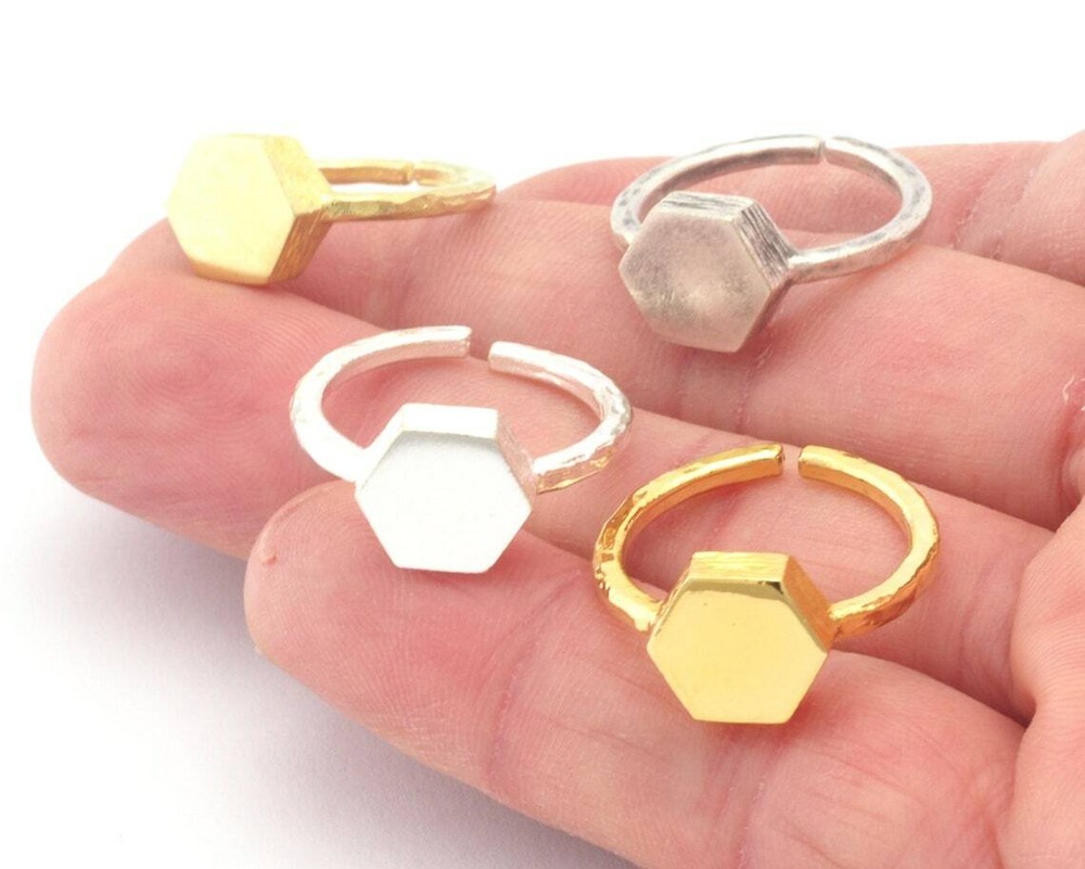 Hexagonal Brushed Edge Ring Adjustable Silver,Raw Brass,Shiny gold-silver 4723