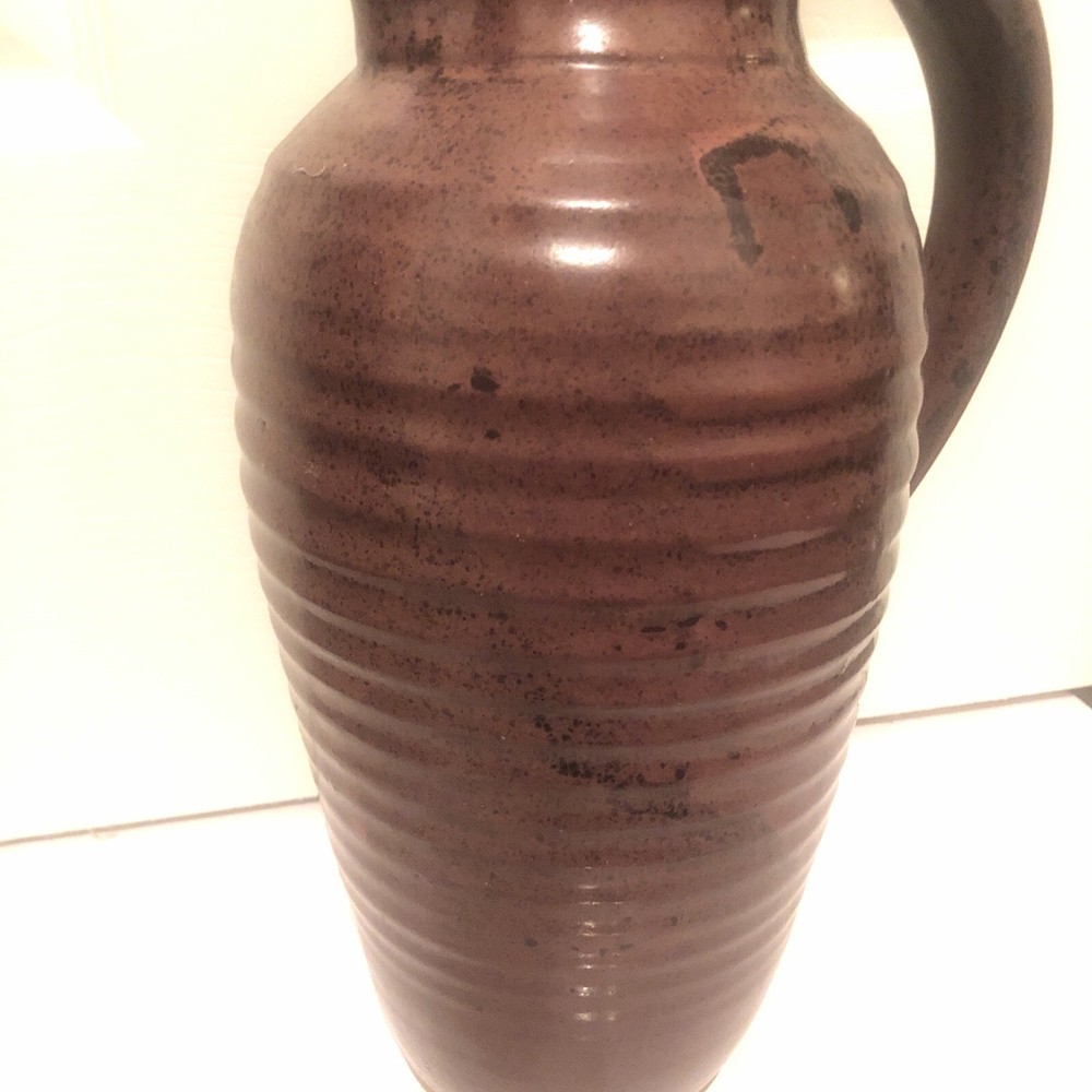 Art Pottery Ceramic Pitcher Rustic Drip Glaze Ribbed Pattern Scroll Handle 11.5”