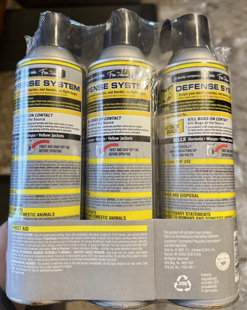 3 Raid Defend Wasp Hornet Yellow Jacket Spray Cans 14oz. Value Pack