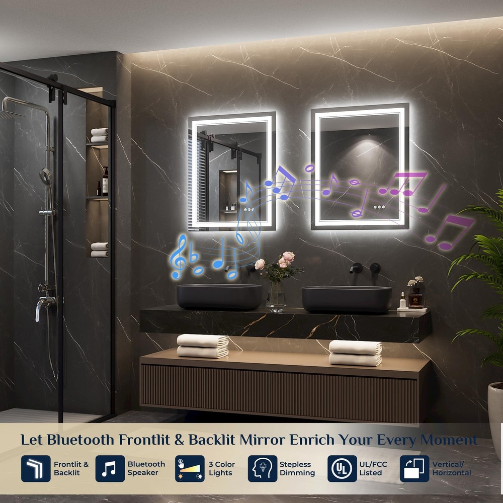 24" x 30" Lighted Mirrors for Bathroom Wall with Bluetooth Speaker, Frontlit ...