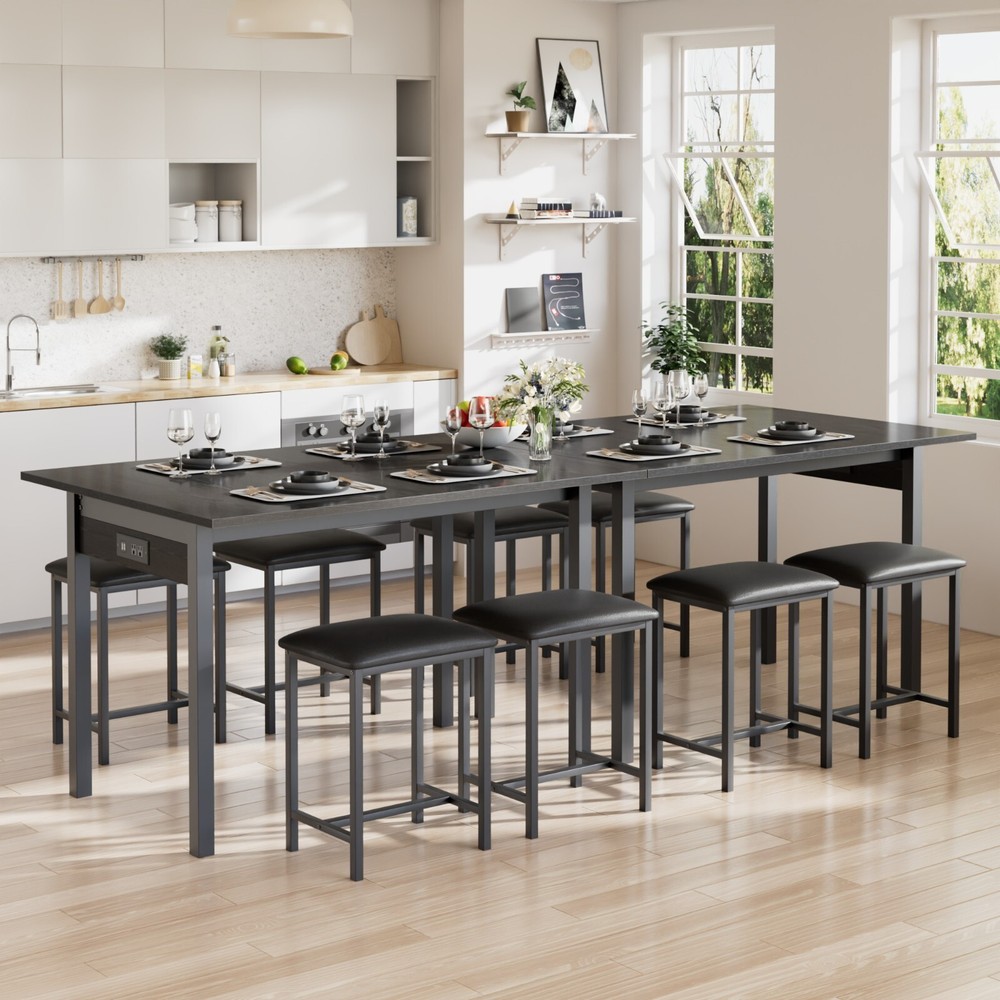 Extendable Dining Table Set with USB Charging, Kitchen Table with 6 Stools Black